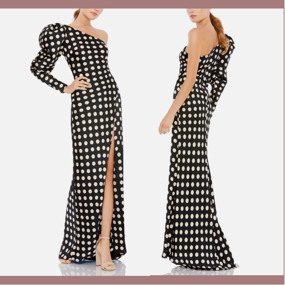 NEW $398 IEENA Mac Duggal [ 4 ] One-Shoulder Polka Dot Sheath Gown‎ in Black